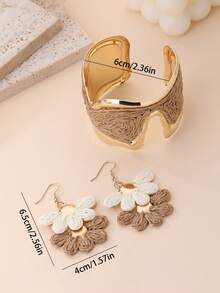 2pcs Women's Maillard Color-Block Floral Jewelry Set, Beach Vacation Travel Atmosphere Accessories, 1 Pair Color-Block Bohemian Straw Flower Earrings, 1 Woven Metal Open Bangle Bracelet, Suitable For Beach Vacation, Travel Photography, Summer Outing, Daily Wear, Date Party, Holiday Gift, Vacation Party - Multicolor - View 4
