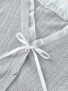 Sexy Soft Knit Tie Lace V-Neck Long Sleeve Cardigan New Slimming Top - Grey - View 5