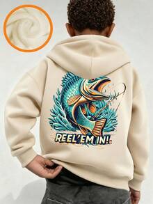 Tween Boy Fun Graphic Print Sweatshirt, Warm & Comfortable Thermal Lined Pullover Sweatshirt For Autumn/Winter - Apricot - View 2
