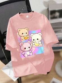 1pc Girls' Korean Girl Group Style Loose Short Sleeve T-Shirt, Suitable For Daily School Wear In Spring/Summer - Pink - View 1