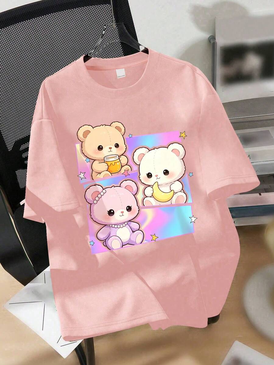 1pc Girls' Korean Girl Group Style Loose Short Sleeve T-Shirt, Suitable For Daily School Wear In Spring/Summer - Pink - View 1