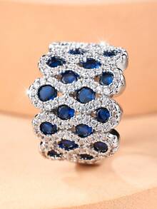 1 Gorgeous, Vintage-Style, Wide-Band Women's Ring Set With Blue And White Zirconia - An Accessory For Evening Parties - Silver - View 3
