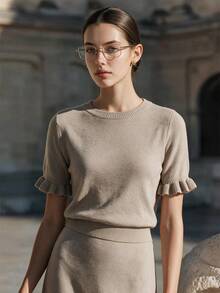 Women's Casual Solid Color Round Neck Ruffle Short Sleeve Loose Fit T-Shirt, Spring/Summer Style, Suitable For Dating And Daily Wear - Khaki - View 7