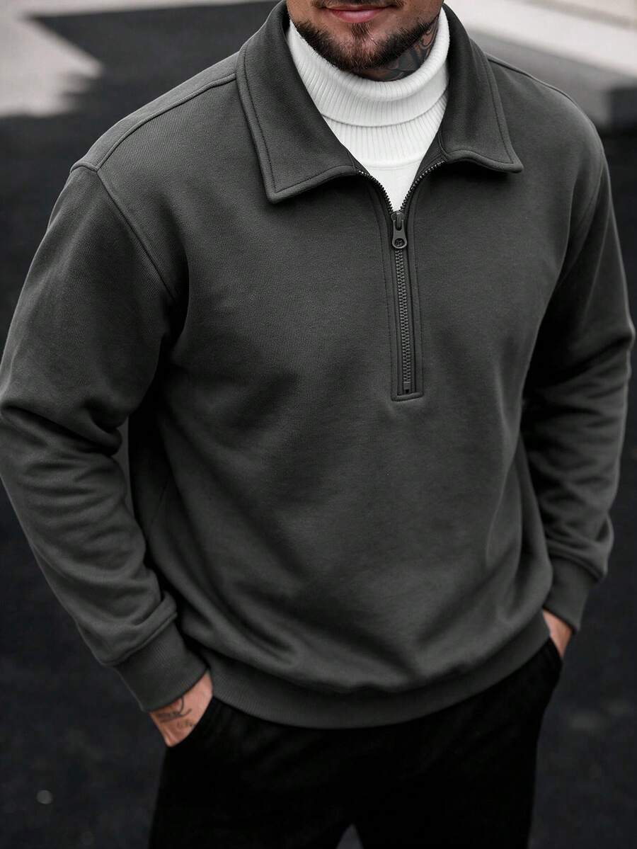 Vintage Solid Color Half-Zip Collar Long Sleeve Sweatshirt Men Loose Casual Daily Commute Long Sleeve Top - Dark Grey - View 1