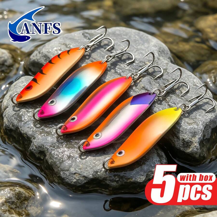 ANFS 5pcs Fishing Lure With Lure Box, Iron Trout Fishing Spoon For Freshwater Saltwater Fishing