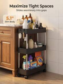 1pc Black Rolling Storage Rack, Floor-Standing, Multi-Layer Design, Suitable For Bathroom, Toilet, Gap, Living Room, Kitchen And Other Places, Tiered Storage Rack - Multicolor - View 4