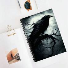 Gothic Dark Raven Spiral Bound Notebook - "Glowing Eye Raven" Pattern Against Withered Tree Mist Forest Background, A5 Size Coil Journal, Suitable As Witchcraft/Halloween Style Stationery Gift - Lined Book - View 1
