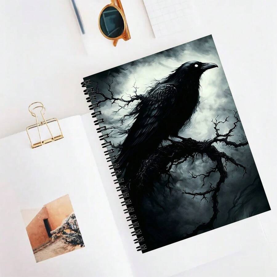 Gothic Dark Raven Spiral Bound Notebook - "Glowing Eye Raven" Pattern Against Withered Tree Mist Forest Background, A5 Size Coil Journal, Suitable As Witchcraft/Halloween Style Stationery Gift - Lined Book - View 1