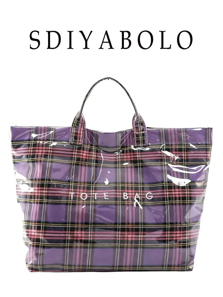 Fashionable College Style Large Capacity Tote Bag - Made Of Lightweight PVC And Kraft Paper, With Hook And Loop Closure, Stylish Choice For Women - Purple - View 1