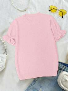 Women's Casual Solid Color Round Neck Ruffle Short Sleeve Loose Fit T-Shirt, Spring/Summer Style, Suitable For Dating And Daily Wear - Pink - View 10