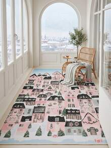 1PC Colorful Winter Night Snow House Pattern Cozy Holiday Atmosphere Carpet, Fairy Tale Illustration Style Faux Cashmere Rectangular Full Coverage Pink Pointed Roof House, Snowfall And Pine Tree Decorative Details Machine Washable Area Rug, Suitable For Living Room Bedroom Balcony, All Season Home Decor - Multicolor - View 6