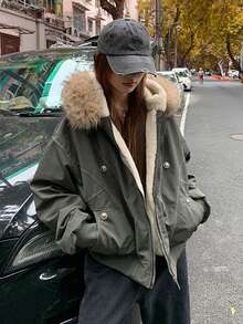 Women's Autumn/Winter Puffer Padded Coat With Large Fur Collar And Hood - Green - View 6
