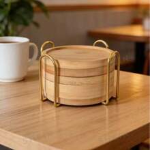 6-Pack Bamboo Coaster Set With Holder - Natural Wood Coasters Waterproof Heat-Resistant For Home/Bar/Kitchen Decor - Wood Color - View 5