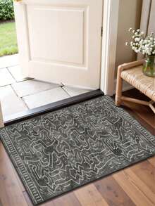1PC Black & Grey Background With White Line Abstract Graffiti Line Pattern Modern Minimalist Art Long Rug, Abstract Street Style Faux Cashmere Long Rectangular Intertwined Asymmetrical Human Silhouette & Geometric Line Details Machine Washable Bedside Blanket, Suitable For Hallway, Corridor And Kitchen, All Season Home Decor - Multicolor - View 4