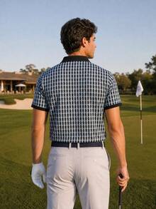 KOVSEE 男士短袖高爾夫 Polo 衫，3D 幾何方塊印花，對比黑色領口與袖口，運動 Polo 上衣，適合高爾夫與休閒穿著 - 彩色 - 查看 2
