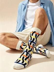 5 Pairs Unisex Mid-Calf Socks With Mathematical Formula And Geometric Color-Block Jacquard Design, Back To School Campus Outfit, Casual Party, Autumn/Winter Daily Wear, Gift Socks.Autumn Socks - Multicolor - View 4