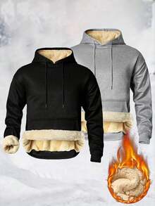 Men's Warm Lining Pullover Pullover Sweatshirt, Winter Warmth, With Large Pockets, Solid Color Casual Outdoor Wear - Black - View 1