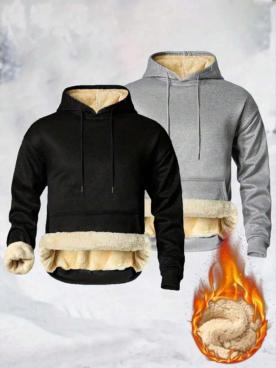 Men's Warm Lining Pullover Pullover Sweatshirt, Winter Warmth, With Large Pockets, Solid Color Casual Outdoor Wear - Black - View 1