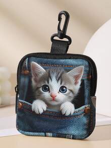 1/2pcs ,Cat & Books Floral Print Mini Coin Purse,Zipper Closure Small Pouch With Swivel Hook For Earphones Coins Tiny Accessories,Can Hang On Backpack - Multicolor - View 15