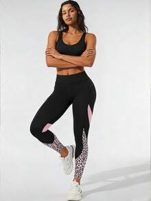 Women's Leopard Print Contrast Mesh Slim Fit Long Pants, With Pockets, Mid-Stretch Polyester Leggings - Multicolor - View 10