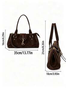 Vintage Dark Brown Suede Baguette Shoulder Bag With Metal Buckle, Underarm Crossbody Commuter Casual Handbag - Coffee - View 2