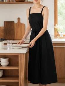 1pc Solid Color Long Apron For Women, With Shoulder Straps And Waist Tie, Hidden Pockets, Suitable For Home Cooking, Chef, Barista, Florist, Painter And More, Durable And Reusable - Multicolor - View 3