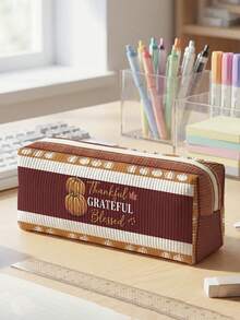 1pc Thanksgiving Pumpkin & Stripes Print Corduroy Pencil Case, Zipper Large Capacity Stationery Storage Pouch For Student School Daily Study - Multicolor - View 12