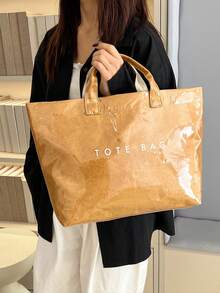 Tote Bag, Square-Shaped Structured Large Capacity Body, Glossy Finish With Texture, Dual Short Handles For Hand-Carrying. Minimalist Letter Print On The Body, Spacious Interior For Storing Various Personal Items, Open Design For Convenient Access, Versatile Style Suitable For Daily Outings, Commuting And Shopping, Creating A Casual And Fashionable Daily Outfit Look. - Brown - View 3