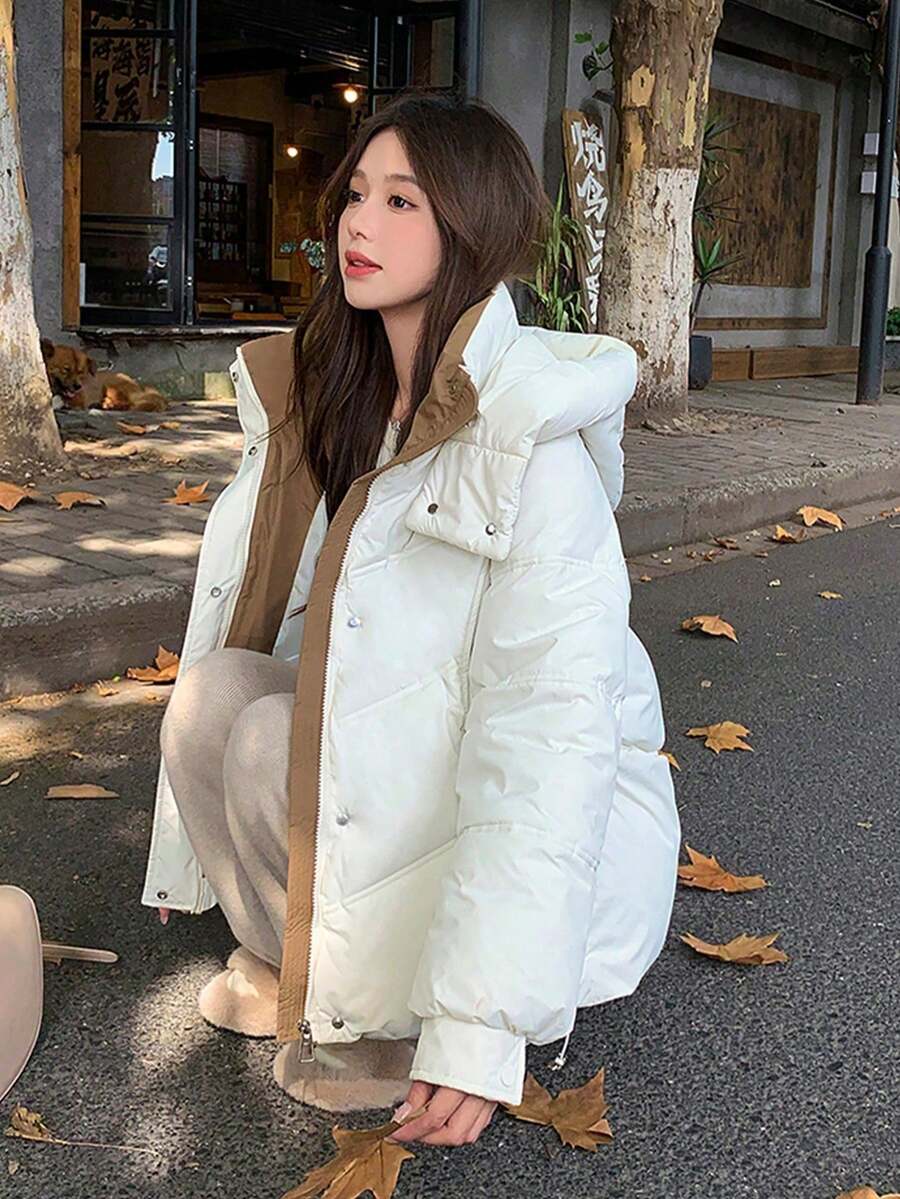 Women's Colorblock Casual Versatile Winter Hooded Padded Coat - Apricot - View 1