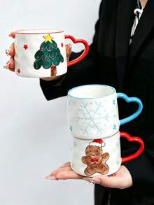 1pc Ceramic Mug, American/European Christmas Holiday Theme Cup, Embossed Snowflake/Christmas Tree/Gingerbread Man/Snowman/Bell 5 Pattern Options, Perfect Holiday Water Cup, Gift, Suitable For Coffee, Tea, Gift, Dishwasher - Multicolor - View 4