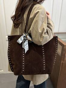 1pc New Solid Color Rivet Silk Scarf Fashion Women's Handbag, Solid Color Suede Patchwork Large Capacity Rivet Shoulder Bag, Minimalist Fashion Versatile Elegant Tote - Coffee Brown - View 3