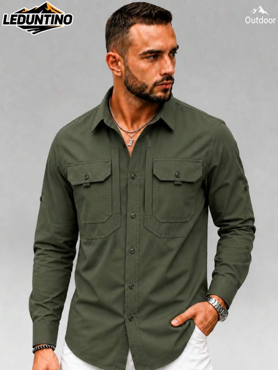 LEDUNTINO [Spring/Summer] Men's Fashion Button-Up Casual Outdoor Shirt, Solid Color, Green, Sport, Workwear, Quick Dry, Boyfriend Gift, Men's Spring/Autumn Long Sleeve Shirt