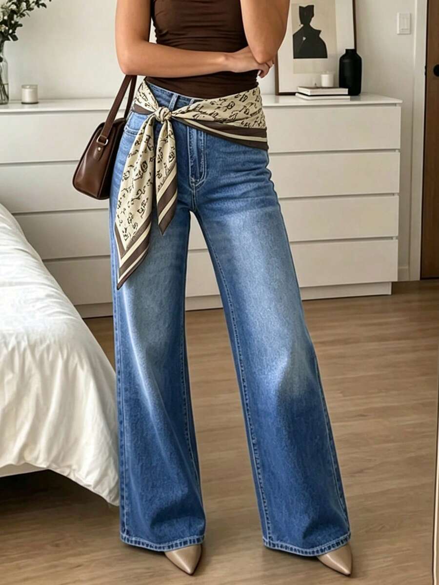 Women's Mid-Waist Stretch Light Blue Straight Leg Jeans, Vintage Washed, Versatile Comfortable Long Pants, Scarf Not Included - Medium Wash - View 1