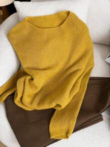 Women's Spring Autumn Square Neck Thin Loose Soft Knit Top, Minimalist Versatile Fashion Solid Color, Suitable For Outerwear, Base Layer And Daily Wear - Yellow - View 3