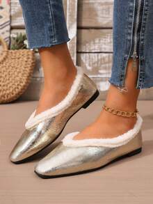 rlyza Women's Thermal Lined Square Toe Low Vamp Flats, Retro Faux Fur Trim, Comfortable Warm Commuter Slouchy Shoes - Gold - View 4