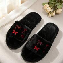 Women's Plush Open Toe Slippers, Red Bow Embroidery Decor, Warm & Non-Slip, Suitable For Indoor Bedroom Home Wear - Black - View 7