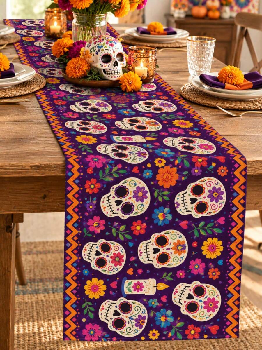 Day Of The Dead Sugar Skull Table Runner, Pillow Case, Placemat, Mexican Style Party Decoration, Purple Floral Candle Pattern, Day Of The Dead Tablecloth, Bohemian Kitchen Home Decor - Multicolor - View 1