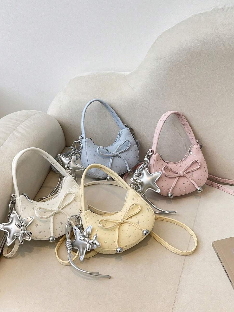 1pc Girls Bow & Star Print Canvas Zipper Closure Exquisite Handbag Crossbody Bag Suitable For All Seasons Daily Use