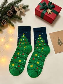 1 Pair Women's Mid-Calf Socks, Green Christmas Tree, Star And Colorful Ball Pattern, Elastic Ribbed Cuff, Festive Atmosphere, Party, Gift, Versatile, Casual Socks - Multicolor - View 9