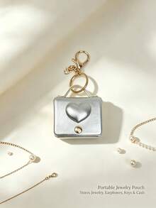 1pc Faux Leather Heart-Shaped Mini Jewelry Storage Bag, Portable Earphone Bag Keychain Hanging, Mini Travel Ring Box Travel Jewelry Box Cosmetic Storage Box, Women's Earring/Ring/Necklace/Bracelet Storage Box, Mini Wallet, Birthday Gift - Heart-shaped Solid Color Small Bag - View 8