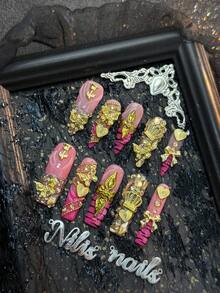 10pcs Handmade Gold Baroque Style Nail Art Tips, Rectangular Fake Nails, Rose Red Gold Glitter French Tips, Pearl Inlaid, Hand-Painted Leopard Print Flower Pattern, Suitable For Christmas And Other Holidays Handmade Press On Nails - Hot Pink - View 4