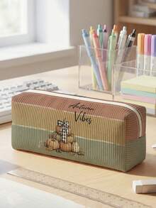 1pc Thanksgiving Pumpkin & Stripes Print Corduroy Pencil Case, Zipper Large Capacity Stationery Storage Pouch For Student School Daily Study - Multicolor - View 11