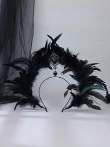 1pc Gothic Black Feather Halo Crown Headband Dark Angel Rhinestone Pendant Floral Wreath Halloween Cosplay Party Hair Accessory - Black - View 2