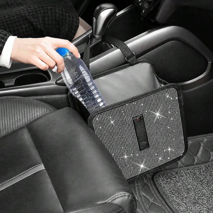 1pc Foldable Rhinestone Car Trash Can, Hanging Car Garbage Bin, Suitable For Headrest/Gear Shift Lever And Other Positions, Multi-Purpose Car Trash Can, Can Be Used As Car Storage Box, Suitable For SUV/Truck - A - View 1