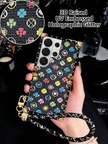 1件多色圖案燙金箔+3D凸起局部UV全息閃粉防摔時尚長方形手機殼，附黑色腕帶，歐美風，大鏡頭孔，奢華情人節禮物，防震，適用於Apple 18ProMax/18pro/17promax/17/16 15 14 13 Promax/15 14 Plus，適用於 Galaxy S26Ultra/S26 Plus/S26/S26FE/S25 Ultra/S25+FE/A57 5G/A56/A37/A36/A17/A16/A27 - 多色燙金浮雕閃粉+手繩 - 查看 2