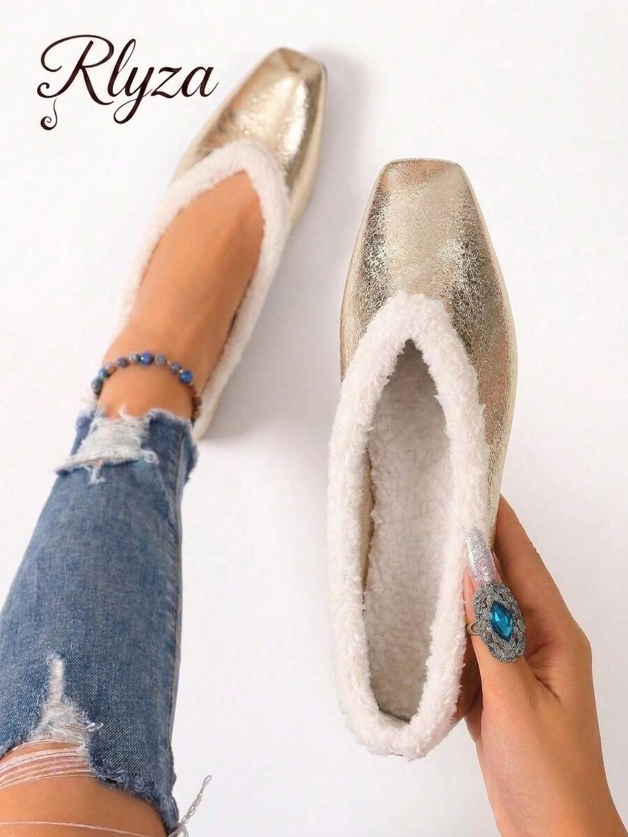 rlyza Women's Thermal Lined Square Toe Low Vamp Flats, Retro Faux Fur Trim, Comfortable Warm Commuter Slouchy Shoes - Gold - View 1