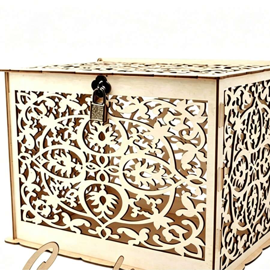 1pc Rustic Wooden Card Box With Lock, Gift Card Holder, Perfect For Weddings, Baby Showers, Birthdays, Graduations - Wood Color - View 1