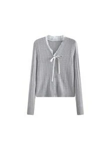 Sexy Soft Knit Tie Lace V-Neck Long Sleeve Cardigan New Slimming Top - Grey - View 2