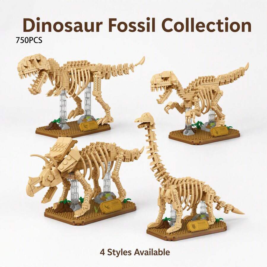 750PCS Dinosaur Skeleton Fossil Building Blocks Set T-Rex, Velociraptor, Triceratops, Stegosaurus, DIY Assembly Model Collectible Desktop Decor Dinosaur Enthusiast STEAM Educational Toy - Multicolor - View 1