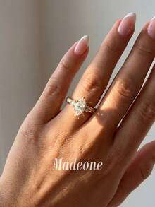 MADEONE 1件優雅馬眼形鋯石鑲嵌戒指，光滑拋光表面，女性日常配戴或訂婚禮物 - 金色 - 查看 3